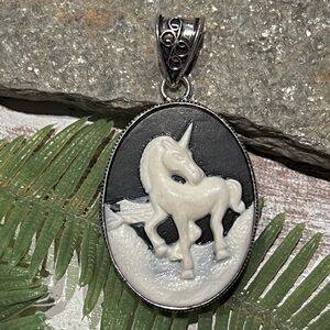 Cameo Unicorn Equestrian Sterling Silver 2” Pendant